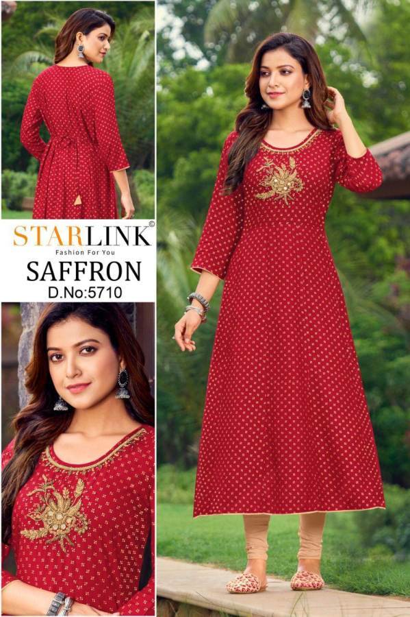 Starlink Saffron Rayon Fancy Ethnic Wear Foli Printed Kurti Collection